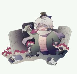  >_< 6+boys axis_powers_hetalia black_cape black_hair black_hat black_jacket black_pants black_shoes blanket blue_cape blush brown_shoes building burning burning_building cape closed_eyes commentary_request cosplay empty_eyes fire floating_cape from_behind from_side full_body futon gloves godzilla godzilla_(cosplay) hachiware_(user_wwva4743) hair_between_eyes half-closed_eyes hand_up hat hat_ornament holding holding_sword holding_weapon imperial_japanese_army jacket japan_(hetalia) katana long_sleeves looking_at_another looking_down lying male_focus military military_hat military_jacket military_uniform mini_person miniboy multiple_boys multiple_persona no_mouth on_back on_stomach open_mouth pants peaked_cap pillow red_eyes russia_(hetalia) scarf shaded_face shadow shoes short_hair simple_background skyscraper sleeping standing star_(symbol) star_hat_ornament sweatdrop sword tail v-shaped_eyebrows violet_eyes wavy_mouth weapon white_background white_gloves white_hair white_jacket white_pants white_scarf window x_x yellow_eyes 