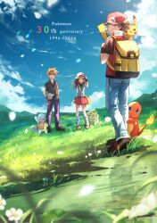  1girl 2boys absurdres anniversary baseball_cap black_hair black_shirt blue_eyes blue_oak blue_pants blue_shirt blue_sky breasts brown_eyes brown_hair bucket_hat bulbasaur charmander closed_mouth clouds collarbone commentary_request fire flame-tipped_tail hat highres holding holding_poke_ball jacket jewelry leaf_(pokemon) long_hair male_focus multiple_boys necklace on_head open_mouth outdoors pants poke_ball poke_ball_(basic) pokemon pokemon_(creature) pokemon_day pokemon_frlg pokemon_on_head porkpie_hat purple_pants red_(pokemon) red_eyes red_hat red_skirt shirt shiruko_(s1ruko) short_hair short_sleeves skirt sky sleeveless sleeveless_shirt smile spiky_hair squirtle starter_pokemon_trio tail white_hat wristband 