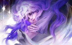  1girl closed_eyes colored_eyelashes crossed_arms elden_ring floating_hair grey_shirt long_hair parted_lips purple_hair shirohakune shirt sleeping solo sparkle st._trina_(elden_ring) upper_body wavy_hair white_eyelashes white_nails 