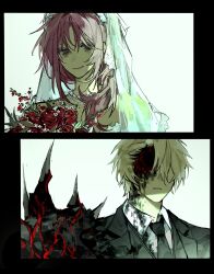  1boy 1girl black_jacket black_necktie blonde_hair bouquet bridal_veil closed_mouth collared_shirt colored_skin commentary daddyxxxk dress forsaken_(roblox) hashtag-only_commentary highres husband_and_wife jacket jane_doe_(roblox) jewelry john_doe_(roblox) necklace necktie parted_bangs pearl_necklace roblox shirt simple_background smile veil wedding wedding_dress white_background white_shirt white_veil yellow_skin 