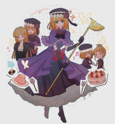  3girls @_@ absurdres ascot black_bow black_skirt blue_eyes blush bow brown_hair bug butterfly cake capelet china_dress chinese_clothes commentary_request cookie dress dress_bow elbow_gloves eva_beatrice flower food fork gelatin gloves hands_on_another's_shoulders highres holding holding_staff looking_at_viewer multiple_girls musical_note nem_ina orange_hair purple_capelet purple_dress red_bow red_flower red_rose rose sharp_teeth skirt sparkle spoon staff sweatdrop teeth umineko_no_naku_koro_ni upper_teeth_only ushiromiya_eva ushiromiya_rosa white_ascot 