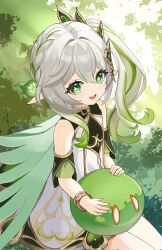  1girl bare_shoulders cape corrupted_twitter_file creature_on_lap cross-shaped_pupils dendro_slime_(genshin_impact) detached_sleeves dress genshin_impact green_cape green_eyes green_hair hair_between_eyes hair_ornament hashtag-only_commentary highres kima_(jp4g6kfhb842057) leaf_hair_ornament long_hair looking_at_viewer multicolored_hair nahida_(genshin_impact) open_mouth outdoors pointy_ears side_ponytail slime_(creature) slime_(genshin_impact) smile solo streaked_hair symbol-shaped_pupils teeth upper_teeth_only white_dress white_hair 
