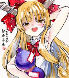  1girl :d arm_behind_head armpits bare_shoulders blonde_hair blunt_bangs blush bow bowtie commentary_request gourd highres holding holding_gourd horns ibuki_suika kabaji long_hair one-hour_drawing_challenge oni open_mouth red_bow red_bowtie shirt sleeveless sleeveless_shirt smile solo teeth touhou traditional_media translation_request upper_teeth_only white_shirt yellow_eyes 