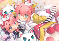  2others :3 :d animal_ears aqua_eyes black_bow black_bowtie black_pantyhose bloom blurry blush bow bowtie capelet cat cat_ears clenched_hand closed_mouth commentary_request cookie_run cookie_run:_kingdom depth_of_field double-parted_bangs fake_animal_ears feet_up film_grain food from_above fruit ghost gloves grey_background hair_between_eyes hair_flaps hairband hands_up humanization interlocked_fingers leg_up long_sleeves looking_ahead looking_at_viewer multiple_others no_shoes official_alternate_costume official_alternate_eye_color open_mouth other_focus own_hands_together pantyhose paw_pose pink_hair puffy_long_sleeves puffy_sleeves purple_capelet raised_inner_eyebrows senmen_kinuko shirt short_hair sidelocks simple_background smile socks star_(symbol) star_symbol_background strawberry strawberry_crepe_cookie strawberry_crepe_cookie_(yogurt_phantom) striped_clothes striped_pantyhose tareme tongue two-tone_pantyhose v-shaped_eyebrows violet_eyes white_gloves white_pantyhose white_shirt white_socks yellow_hairband 