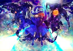  absurdres blonde_hair blue blue_dress boots bow braid brooch crescent_moon dress hat hat_bow highres jewelry kirisame_marisa kirisame_marisa_(pc-98) moon shinigamiwyvern side_braid solo standing star touhou touhou_(pc-98) watermark web_address wide_sleeves wings witch witch_hat 