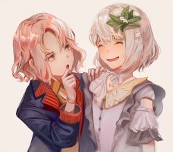  1girl 1other :d :o ^_^ absurdres aegyo_sal akiyama_mizuki akiyama_yuuki alternate_hair_color arms_at_sides blue_jacket blush bob_cut bow bow_choker bowtie brown_background choker closed_eyes collarbone collared_shirt commentary curtained_hair face-to-face facing_another flower frilled_sleeves frills grey_shirt hair_between_eyes hair_flower hair_ornament hand_on_another's_shoulder hand_on_own_chin highres jacket jitome lapels leaf_hair_ornament long_sleeves looking_at_another necktie notched_lapels open_clothes open_jacket open_mouth orange_shirt pink_eyes pink_hair project_sekai puffy_long_sleeves puffy_sleeves raised_inner_eyebrows shirt short_hair short_sleeves siblings sidelocks simple_background smile striped_clothes swept_bangs tongue upper_body v-shaped_eyebrows vertical-striped_clothes wavy_hair white_bow white_bowtie white_choker white_flower white_hair white_necktie yuhel 