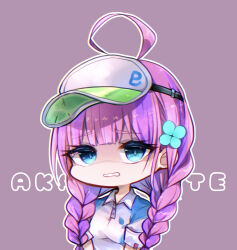  1girl ahoge blue_eyes blunt_bangs braid character_name chibi chibi_only clover_hair_ornament collared_shirt commentary date_akari eyelashes four-leaf_clover_hair_ornament furrowed_brow hair_ornament heaven_burns_red highres huge_ahoge long_hair looking_at_viewer low_twin_braids multicolored_hair outline pink_hair purple_background purple_hair raito_(raito4213) shaded_face shirt short_sleeves simple_background solo sportswear streaked_hair tennis_uniform twin_braids upper_body visor_cap wavy_mouth white_outline white_shirt 