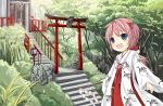  bad_id bell blue_eyes blush child flat_chest forest gohei hair_bobbles hair_ornament hair_ribbon highres japanese_clothes miko nature open_mouth original pink_hair ponytail ribbon sakuraba_hikaru_(artist) sash shrine shrine_bell solo stairs torii 