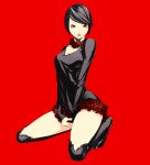  black_hair breasts brown_eyes choker copyright_request full_body kneeling long_sleeves looking_at_viewer minidress miniskirt red_background sawasawa short_hair simple_background skirt sleeves_past_wrists solo thigh-highs thighhighs 