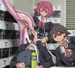  1girl 2boys alternate_eye_color black_dress black_hair black_jacket blazer blue_hair chaos;child chest_bow chirp_co2 cropped_jacket d-sword dress grin head_on_table hekiho_academy_school_uniform holding holding_sword holding_weapon huge_weapon itou_shinji_(chaos;child) jacket lapels miyashiro_takuru mountain_dew multiple_boys necktie notched_lapels onoe_serika photo_background pink_eyes pink_hair red_eyes red_necktie sailor_collar school_uniform science_adventure serious short_hair smile sword weapon white_sailor_collar 