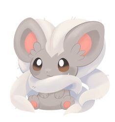  animal_focus bright_pupils brown_eyes cinccino closed_mouth commentary fluffy full_body grey_fur highres june_buns looking_at_viewer neck_fur no_humans pawpads pokemon pokemon_(creature) pokemon_focus simple_background sitting solo two-tone_fur white_background white_fur white_pupils 