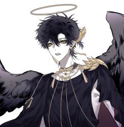  1boy alternate_universe ancient_greek_clothes angel angel_wings armor bishounen black_cape black_hair black_shirt black_wings cape chain cheng_xiaoshi cheng_xiaoshi_(angel) chinese_commentary commentary_request earrings feathered_wings feathers gold_chain gold_earrings gold_necklace greco-roman_clothes halo head_wings highres jewelry looking_at_viewer male_focus neck_ring necklace official_alternate_costume ohno508155 open_mouth pale_skin pauldrons piercing ponytail shiguang_dailiren shirt short_hair short_ponytail shoulder_armor sideless_outfit simple_background single_pauldron sleeveless sleeveless_shirt solo traditional_halo two-sided_cape two-sided_fabric upper_body white_background wings yellow_eyes 