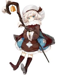  1girl blue_eyes boots brown_boots brown_dress brown_scarf buttons closed_mouth cococo0126 commentary_request cookie_run cookie_run:_kingdom cotton_cookie dress expressionless flat_chest full_body fur-trimmed_dress fur-trimmed_sleeves fur_trim hat high_heel_boots high_heels holding holding_staff humanization knee_boots lace-up_boots lantern large_hat long_sleeves looking_at_viewer medium_dress own_hands_together puffy_long_sleeves puffy_sleeves scarf short_hair simple_background solo staff standing swept_bangs tareme white_background white_hair white_hat wide_sleeves 