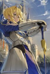  1girl ahoge armor armored_dress artoria_pendragon_(fate) blonde_hair braid braided_bun bun_with_braided_base commentary_request dress excalibur_(fate/stay_night) fate/stay_night fate_(series) faulds gauntlets hair_bun highres nasubin_(nasubisamurai15) saber_(fate) solo 