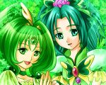  akimoto_komachi brooch butterfly_hair_ornament choker color_connection creator_connection cure_march cure_mint green green_background green_eyes green_hair hair_ornament jewelry long_hair midorikawa_nao multiple_girls precure puffy_sleeves smile smile_precure! tokiwa_wakatake tri_tails yes!_precure_5 