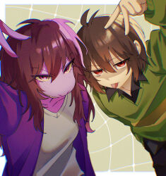  1girl 1other absurdres androgynous antenna_hair arm_up black_pants black_shirt brown_hair collared_shirt colored_sclera colored_skin commentary_request deltarune furry furry_female green_sweater highres jacket kris_(deltarune) long_hair long_sleeves looking_at_viewer pants pink_eyes purple_jacket purple_skin red_eyes shirt shirt_under_sweater short_hair susie_(deltarune) sweater tongue tongue_out utdr_(toby_fox) v white_shirt yellow_sclera yoshino_(q_sci) 