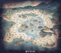  anchor_symbol banana_tree beach_umbrella boat bridge building campfire cannon cannonball chair chinese_commentary clouds coconut_tree commentary_request flag grass hammock hanxiaodan highres house lounge_chair lovebrush_chronicles map mountain no_humans ocean official_art palm_tree road scenery ship stilt_house street thatched_roof tree tunnel umbrella watchtower water watercraft watermark weibo_watermark wooden_bridge wooden_house 