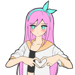  1girl aqua_eyes aqua_hairband aubrey_(faraway)_(omori) aubrey_(omori) averting_eyes bare_arms black_shirt blush bow_hairband breasts closed_mouth commentary_request double-parted_bangs facing_viewer fingernails flat_color four-finger_heart_hands frown hair_between_eyes hairband hands_up heart heart_hands highres jacket looking_to_the_side midriff omori open_clothes open_jacket pink_hair sailor_collar shirt short-sleeved_jacket short_sleeves sidelocks simple_background sleeves_rolled_up small_breasts solo straight_hair tareme true_erg upper_body white_background white_jacket yellow_sailor_collar 
