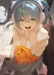 1girl 1other :d absurdres arahashi_tabi bag bare_shoulders blue_eyes blue_hair blush brown_cardigan cardigan chromatic_aberration commentary earmuffs food hair_between_eyes hair_ornament hair_scrunchie hand_blush happy highres holding holding_bag long_bangs long_hair looking_at_viewer off-shoulder_sweater off_shoulder on_bench open_cardigan open_clothes open_mouth out_of_frame pov scarf scrunchie sitting smile star-shaped_pupils star_(symbol) stellive sweater symbol-shaped_pupils taiyaki twintails user_xmxa8422 virtual_youtuber wagashi white_scarf white_scrunchie white_sweater 