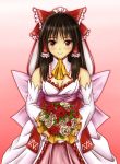  adapted_costume alternate_costume bare_shoulders blush bouquet bow breasts brown_hair cleavage detached_sleeves dress flower hair_bow hair_tubes hakurei_reimu highres hozenkakari miko multicolored_dress pink_dress red_eyes red_rose rose sash smile solo touhou veil wedding_dress white_dress white_rose 
