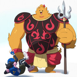  1boy 1girl armor artist_name backpack bag baseball_cap black_gloves black_hair black_leggings blue_bag blue_gloves blue_hat blush bracelet breastplate closed_mouth cosplay crossover evolution eyelashes falling female_protagonist_(pokemon_ww) fingerless_gloves full_body furry furry_male gloves greater_dog green_shorts grey_eyes hand_up hat highres holding holding_polearm holding_weapon jewelry layered_sleeves leggings long_sleeves lying open_mouth orange_fur pink_shirt pokemon pokemon_(creature) pokemon_ww polearm pombon red_fur shirt shoes short_hair short_over_long_sleeves short_sleeves shorts shoulder_armor simple_background size_difference smile sneakers spear standing stup-jam surprised t-shirt tail tongue tongue_out undershirt undertale utdr_(toby_fox) v weapon white_background white_shoes wristband 