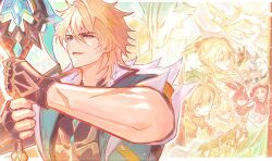  3girls 5boys :d :q absurdres ahoge albedo_(genshin_impact) amber_(genshin_impact) blonde_hair blue_eyes bow_(weapon) collared_shirt commentary_request eyes_visible_through_hair fingerless_gloves flag genshin_impact gloves gold_trim hair_between_eyes hair_intakes highres holding holding_bow_(weapon) holding_flag holding_weapon jean_(genshin_impact) kaeya_(genshin_impact) klee_(genshin_impact) lohen_(genshin_impact) looking_at_object looking_to_the_side mika_(genshin_impact) mole mole_under_eye muimi575 multiple_boys multiple_girls multiple_scars ponytail scar scar_on_arm shirt sleeves_rolled_up smile teeth tongue tongue_out varka_(genshin_impact) weapon wolf 