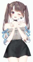  1girl ;d aimi_(mimi_nii2) armpit_crease bare_arms bare_shoulders black_choker black_skirt blue_bow blue_nails blush bow breasts brown_hair choker collarbone cowboy_shot dot_nose earrings eyes_visible_through_hair grey_shirt hair_behind_ear hands_up head_tilt heart heart_earrings highres jewelry light_particles long_hair looking_at_viewer medium_breasts miniskirt nail_polish off-shoulder_shirt off_shoulder one_eye_closed open_mouth original pink_eyes shirt shirt_tucked_in short_sleeves sidelocks silver_earrings simple_background single_earring skirt sleeve_bow smile solo sparkle standing straight-on tareme thigh_gap tongue twintails w white_background 