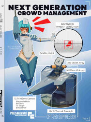  1girl :d arm_cannon artist_name blue_background blue_hair blunt_bangs blunt_ends bob_cut breasts crosshair diagonal-striped_background english_text fake_ad gun highres intentional_jpeg_artifacts jpeg_artifacts leotard looking_at_viewer mechanical_arms mechanical_legs notfuji notice_lines orange-tinted_eyewear original outline robot_girl sentry short_hair single_mechanical_arm small_breasts smile striped_background tinted_eyewear weapon white_background white_leotard white_outline 
