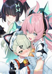  3girls angels_of_delusion animal_ear_hairband animal_ears aqua_hair aqua_streaks aria_(zenless_zone_zero) bare_shoulders bell black_dress black_hair blue_eyes blush bow cat_ear_hairband cat_ears closed_mouth colored_inner_hair crossed_bangs detached_sleeves dress earrings fake_animal_ears frilled_sleeves frills fur-trimmed_sleeves fur_trim ghost_hair_ornament green_bow green_eyes green_hair hair_between_eyes hair_bow hair_ornament hairband hashtag-only_commentary heart heart_earrings heart_hair_ornament highres jewelry looking_at_viewer maid maid_headdress multicolored_hair multiple_girls multiple_hair_bows multiple_hair_clips nangong_yu neck_bell official_alternate_costume open_mouth parted_lips pink_bow pink_hair red_bag red_eyes short_twintails simple_background smile srpzk streaked_hair sunna_(afternoon_tea_break)_(zenless_zone_zero) sunna_(zenless_zone_zero) twintails white_background white_dress white_wings winged_bag wings zenless_zone_zero 