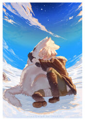  1boy absurdres animal_hug bandages_over_clothes blue_sky blush boots border brown_cloak brown_gloves cloak closed_eyes clouds commentary crying elbow_pads from_side full_body fumetsu_no_anata_e fur-trimmed_cloak fur_boots fur_trim fushi gloves highres hood hooded_cloak joan_(fumetsu_no_anata_e) knee_pads long_sleeves rock short_hair single_knee_pad sitting sky snot snow star_(sky) tears the_nameless_boy_(fumetsu_no_anata_e) user_uuct7482 watermark wavy_mouth white_border white_hair white_wolf wolf 