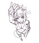  animal_ears arm_up armlet armor bare_shoulders bikini_armor boots breasts cleavage dagger elbow_gloves fingerless_gloves foreshortening gloves greaves monochrome navel open_mouth original reason_(ficafe) sketch solo sweatdrop tail thigh-highs thigh_boots thighhighs weapon 