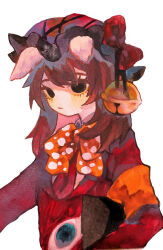  1girl animal_ears bell black_eyes bow bowtie brown_hair dog_ears e.g.o_(project_moon) employee_(project_moon) empty_eyes hair_bell hair_ornament harvest_(e.g.o) hat laetitia_(e.g.o) lobotomy_corporation looking_at_viewer mimicry_(e.g.o) mochigome_138 nugget_(project_moon) orange_bow orange_bowtie painting_(medium) project_moon red_hat simple_background solo traditional_media watercolor_(medium) white_background 