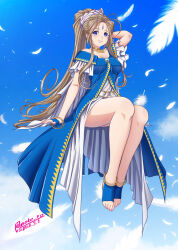  1girl aa_megami-sama belldandy blue_dress blue_eyes blue_sky brown_hair clouds commentary_request dated dress facial_mark forehead_mark full_body invisible_chair layered_dress long_hair moke_ro open-toe_shoes sitting sky solo twitter_username white_dress 