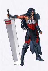  1girl absolute_dc absolute_wonder_woman arm_tattoo arm_wrap armor dc_comics highres holding holding_sword holding_weapon huge_weapon red_tattoo romy_jones_(romyjonesdraws) solo superhero_costume sword tattoo tattoo_sleeve weapon wonder_woman wonder_woman_(absolute_dc) wonder_woman_(series) 