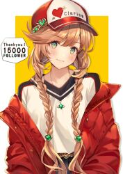  1girl alternate_costume aoi_(kirabosi105) baseball_cap belt braid clarisse_(granblue_fantasy) commentary_request granblue_fantasy green_eyes hair_jewelry hair_ornament hat hat_ornament highres jacket jewelry milestone_celebration necklace pendant quilted_jacket red_jacket shirt solo swept_bangs thank_you twin_braids v-neck 