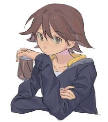  1boy brown_eyes brown_hair can casual chaos;child chirp_co2 collarbone commentary_request holding holding_can hood hood_down hoodie itou_shinji_(chaos;child) looking_at_viewer science_adventure shirt smile solo upper_body white_background white_shirt yellow_hood 