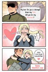  1boy 1girl affectionate beard blonde_hair blush carrying chris_redfield couple dangerousbride facial_hair happy_valentine hetero highres jill_valentine looking_at_another muscular muscular_male princess_carry resident_evil valentine 