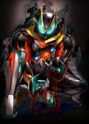  1boy absurdres aura commentary darkness glowing glowing_eyes highres kamen_rider kamen_rider_zeztz kamen_rider_zeztz_(series) kamen_rider_zeztz_catastrom male_focus reiei_8 rider_belt squatting tokusatsu zeztz_driver 