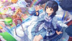  2girls amami_haruka blonde_hair blue_dress blue_hair blunt_bangs card_commentary closed_mouth clouds commentary_request dark_cloud dress game_cg green_eyes idolmaster idolmaster_(classic) idolmaster_million_live! idolmaster_million_live!_theater_days index_finger_raised juliet_sleeves long_hair long_sleeves looking_at_another multiple_girls official_alternate_costume official_alternate_hair_color official_art pink_skirt puffy_sleeves shimabara_elena sitting skirt standing third-party_source 