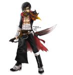  1boy 2011 alternate_costume asymmetrical_clothes bandages black_hair coat dated elsword glasses highres ivy60530 jewelry male necklace pants raven_(elsword) reverse_grip sarashi scar shirtless shoes solo sword weapon white_background 