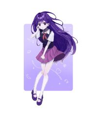  1girl artist_name black_sweater_vest blush bright_pupils collarbone collared_shirt colored_skin commentary_request full_body hair_between_eyes highres long_hair looking_at_viewer mari_(headspace)_(omori) mari_(omori) neckerchief omori parted_lips pleated_skirt po_nzudesu purple_hair purple_shoes red_neckerchief red_skirt shirt shoes skirt solo sweater_vest twitter_username very_long_hair violet_eyes white_pupils white_shirt white_skin 