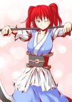  1girl hair_bobbles hair_ornament highres niwatazumi onozuka_komachi red_eyes redhead scythe short_hair smile solo touhou twintails wink 