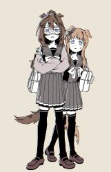  2girls animal_ears bag black_thighhighs blue_eyes brown_hair commentary crossed_arms ear_ribbon el_condor_pasa_(umamusume) eye_mask frown full_body grass_wonder_(umamusume) highres horse_ears horse_girl horse_tail loafers looking_at_viewer mask multiple_girls oo_sungnim pleated_skirt school_bag school_uniform serafuku shoes skirt sweatdrop tail thigh-highs tracen_school_uniform umamusume untranslatable_commentary 