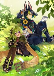  1boy 1girl :d ahoge animal_ear_fluff animal_ears arm_up artist_name asymmetrical_sleeves black_boots black_bridal_gauntlets black_gloves black_hair black_pants black_shirt blue_boots blue_pants blunt_ends blurry blurry_foreground blush bob_cut boots branch bridal_gauntlets brown_dress brown_eyes brown_gloves brown_thighhighs cape capelet capri_pants closed_mouth collei_(genshin_impact) commentary_request crossed_bangs cuilein-anbar_(genshin_impact) dappled_sunlight day detached_sleeves drawstring dress earrings eyelashes flower fox_boy fox_ears fox_tail genshin_impact gloves gold_earrings grass green_cape green_capelet green_eyes green_hair hair_between_eyes hair_ornament high_heel_boots high_heels highres holding holding_paper holding_pencil hood hood_down hoodie jewelry knee_up knees_up lace-up_boots light_particles long_sleeves looking_at_viewer medium_hair mugi_(kyom_ugi) multicolored_eyes multicolored_gloves multicolored_hair multicolored_hoodie multicolored_pants open-toe_boots open_mouth outdoors pants paper pencil puffy_detached_sleeves puffy_sleeves purple_sash sash shirt short_hair short_sleeves single_earring sitting sleeveless sleeveless_dress smile streaked_hair sunlight tail tassel teeth thigh-highs thighlet tighnari_(genshin_impact) turtleneck twitter_username two-tone_eyes two-tone_gloves uneven_sleeves upper_teeth_only violet_eyes watermark white_flower yellow_cape yellow_flower 