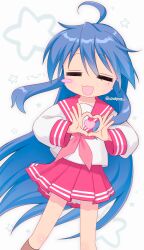  1girl blue_hair commentary heart heart_hands highres izumi_konata loafers long_hair lucky_star nemuri_(ppxxxk) pink_sailor_collar pink_skirt pleated_skirt ryouou_school_uniform sailor_collar school_uniform serafuku shirt shoes simple_background skirt solo white_background white_shirt 