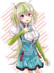  1girl 2xxx12www :p absurdres aqua_bow aqua_bowtie aqua_skirt aqua_vest arm_at_side arm_warmers blush bow bowtie breasts button_gap closed_mouth commentary cowboy_shot eyelashes eyes_visible_through_hair flipped_hair green_arm_warmers green_hair green_streaks hair_between_eyes hand_up heaven_burns_red highres index_finger_raised large_breasts long_hair looking_at_viewer miniskirt multicolored_hair ooshima_isuzu pink_eyes pink_pupils plaid_bow plaid_bowtie plaid_clothes pleated_skirt puffy_short_sleeves puffy_sleeves shirt short_sleeves simple_background skirt smile smug solo streaked_hair tongue tongue_out two_side_up v-shaped_eyebrows very_long_hair vest white_background white_shirt 