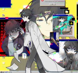  1boy black_shirt coat collared_shirt desktop_(computing) error_message feet_out_of_frame fur_hood glitch highres holding holding_photo icon_(computing) kdz9712 male_focus minecraft_youtube multiple_views open_clothes open_coat paper photo_(object) shirt two-tone_hoodie walking white_coat wifies window_(computing) 