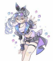  1girl :q black_gloves black_shirt black_shorts blush commentary_request drill_hair eyewear_on_head feet_out_of_frame fingerless_gloves fishnets gloves grey_eyes grey_hair hair_between_eyes hair_ornament hairclip highres honkai:_star_rail honkai_(series) leaning_forward long_hair looking_at_viewer midriff navel ponytail shirt shorts silver_wolf_(honkai:_star_rail) simple_background smile solo sunglasses tongue tongue_out tori26 waving white_background white_shirt 