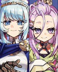  2girls aino_(genshin_impact) akaneya_(akaneya1484) android artist_name bangs_pinned_back black_dress blue_background blue_cape blue_eyes blue_hair bright_pupils cape closed_mouth coat column_lineup double_bun dress eyelashes forehead genshin_impact green_dress hair_bun hair_ornament hairband hairclip halter_dress halterneck hand_up hat ineffa_(genshin_impact) lab_coat long_hair looking_at_viewer multiple_girls off_shoulder open_clothes open_coat pink_hair purple_background ringed_eyes robot_girl screw_hair_ornament short_eyebrows sidelocks sleeveless sleeveless_dress sleeves_past_fingers sleeves_past_wrists smile swept_bangs twitter_username upper_body violet_eyes watermark white_coat white_hat white_pupils x_hair_ornament 