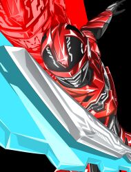  1boy absurdres armor armored_bodysuit black_bodysuit bodysuit character_mask chou_uchuu_keiji_gavan_infinity combat_helmet commentary_request full_armor gavan_infinity gavarion_blade giga_hamster helmet highres holding holding_sword holding_weapon male_focus mask red_armor red_bodysuit red_helmet science_fiction solo sword tokusatsu weapon 